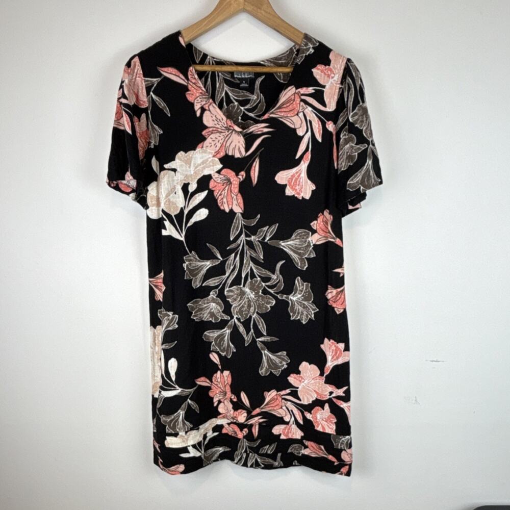 Nicole Miller Linen Dress S Black Pink Floral